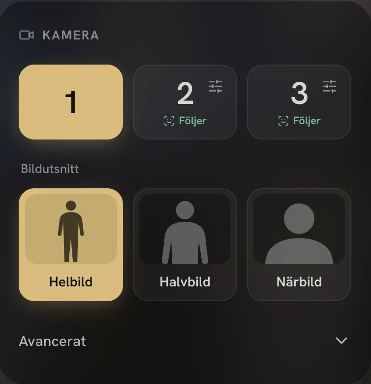 Kamerapanelen med tre kameror, där kamera 2 och 3 följer ansiktet, och val av bildutsnitt: helbild, halvbild och närbild.